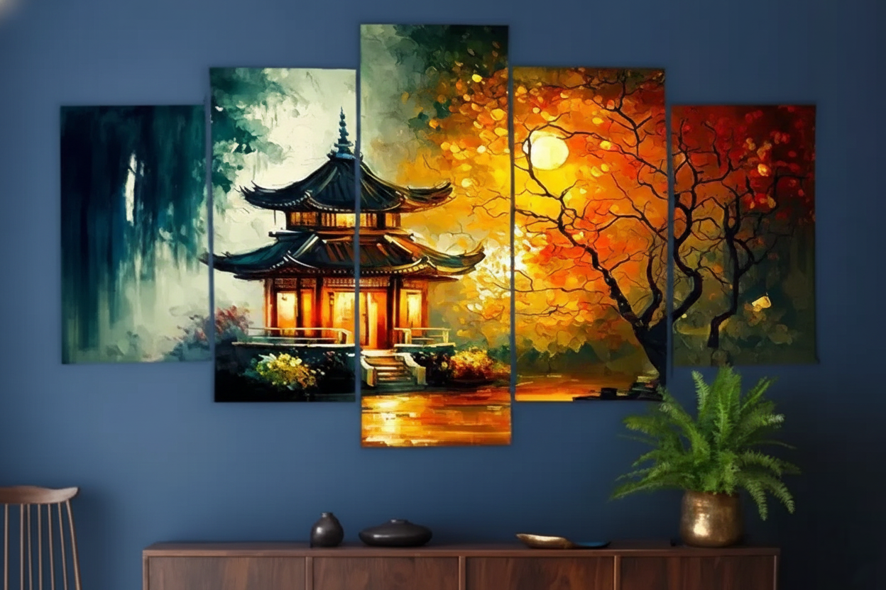 Tranquil Pagoda Sunset - 5-Piece Canvas Wall Art - Wall Saga