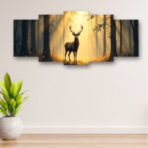 Golden Rays Deer in the Forest (5-Panel Wall Art)